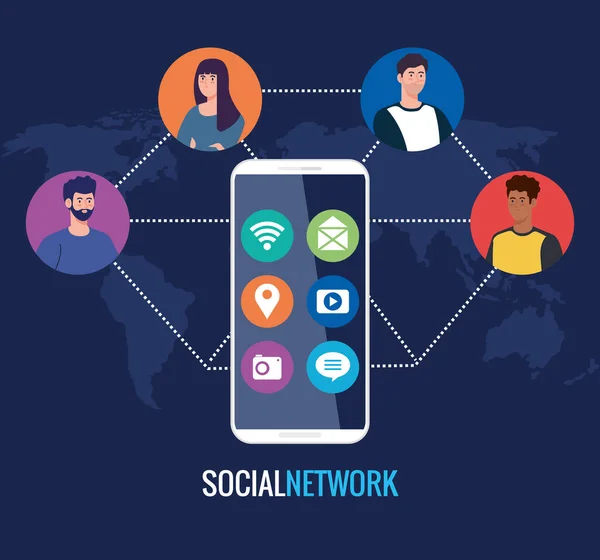 Социальная сеть, люди со смартфоном, подключенные к цифровой, интерактивной, коммуникационной и глобальной концепции — стоковый вектор