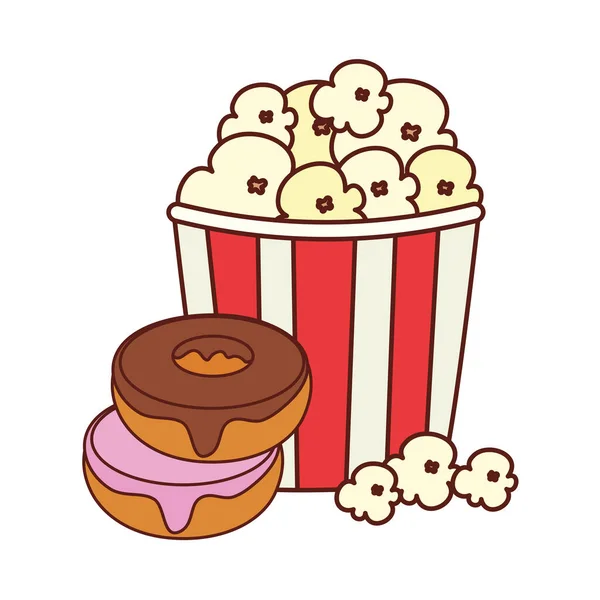 Sweet donuts with popcorn, on white background — Stock Vector