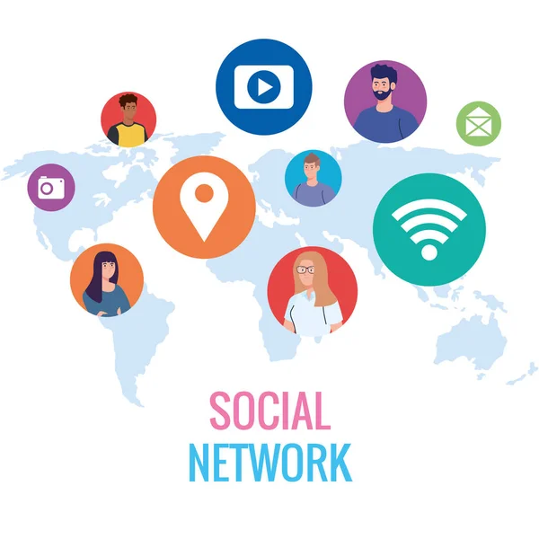 Social network, giovani connessi da un concetto digitale, comunicativo e globale — Vettoriale Stock