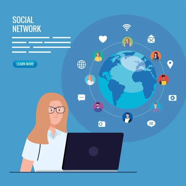 Cartel de red social, mujer conectada en laptop, comunicación y concepto global — Vector de stock