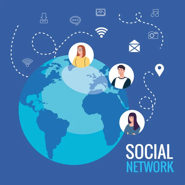 Social media network, persone connesse per il concetto digitale, interattivo, comunicativo e globale — Vettoriale Stock