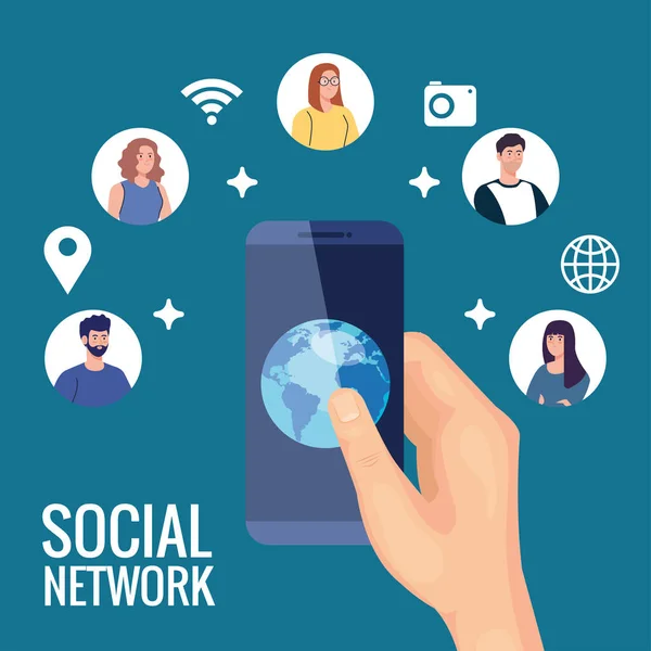 Réseau social, personnes connectées par smartphone, communiquer et concept global — Image vectorielle