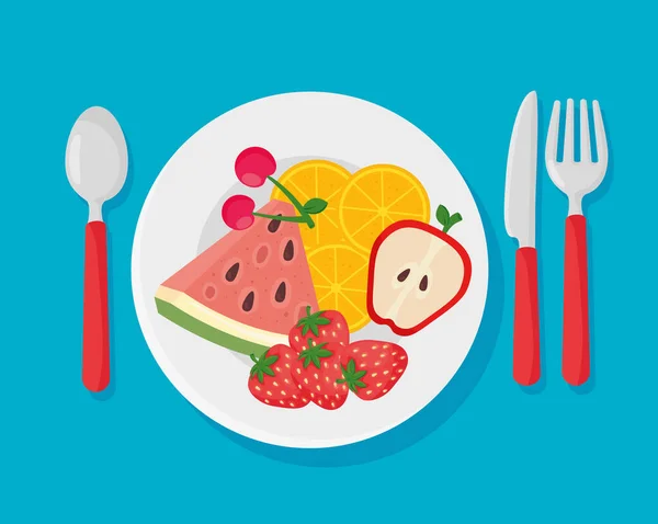 Comida saludable, plato con frutas frescas alimentos — Vector de stock