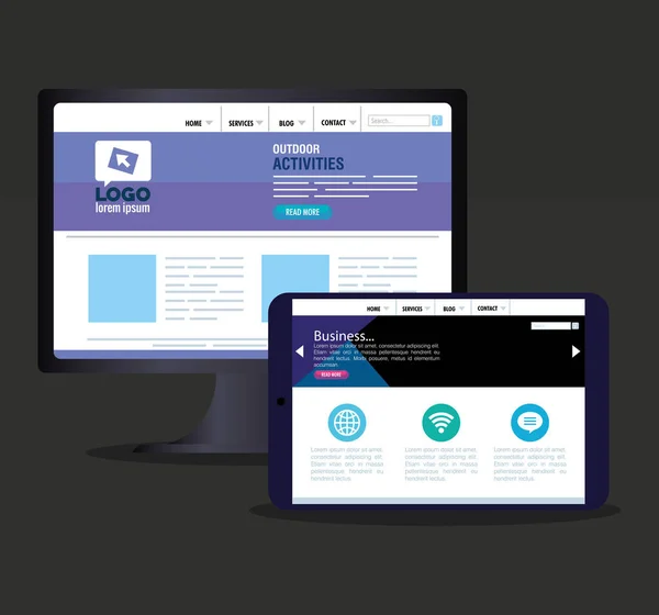 Mockup responsive web, concetto di sviluppo di siti web in computer desktop e tablet — Vettoriale Stock