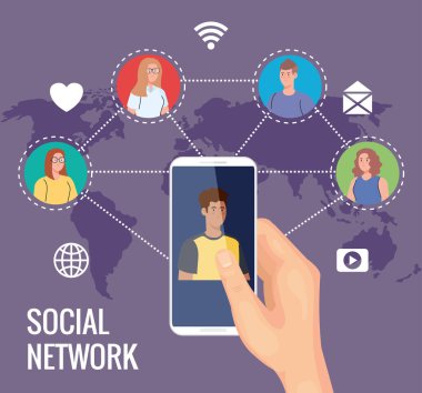 Sosyal medya ağı, dijital, etkileşimli, iletişim ve küresel konsept için bağlı insanlar