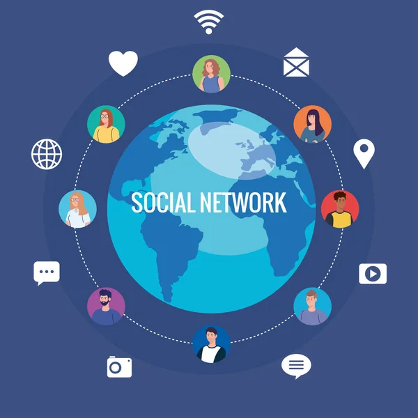 Közösségi médiahálózat, digitális, interaktív, kommunikációs és globális koncepciókhoz kapcsolódó személyek — Stock Vector