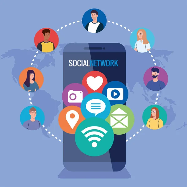 Sociala nätverk, smartphone och människor anslutna för digitalt, interaktivt, kommunikation och globalt koncept — Stock vektor