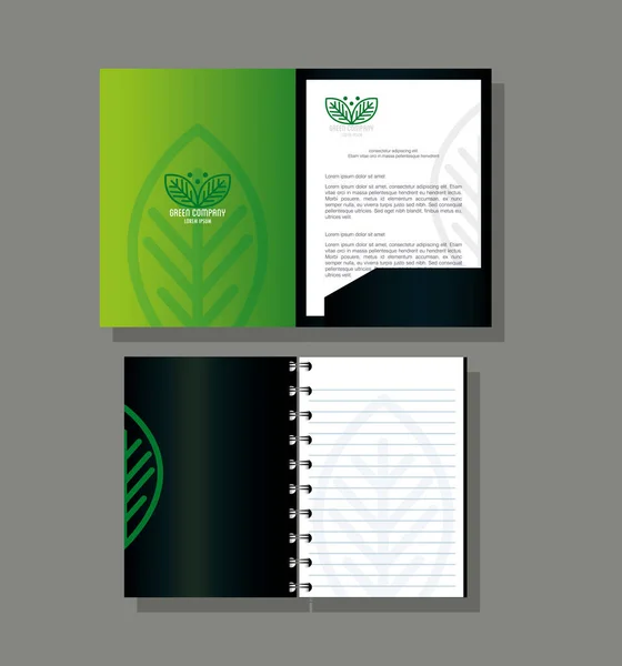 Corporate Identity Markenmockup, Notizbuch und Broschüre grüne Mockup, grünes Firmenschild — Stockvektor