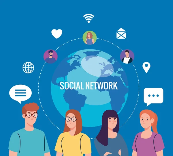 Jóvenes y comunidad de redes sociales, interactivos, comunicación y concepto global — Vector de stock