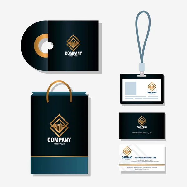 Identidade corporativa mockup marca, definir artigos de papelaria de negócios no fundo branco, preto mockup com sinal de ouro — Vetor de Stock