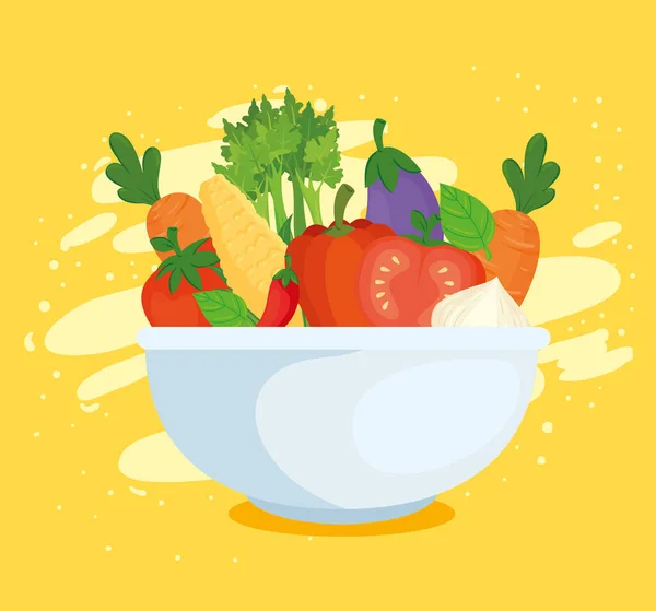 Концепція здорової їжі, свіжі овочі в мисці — стоковий вектор