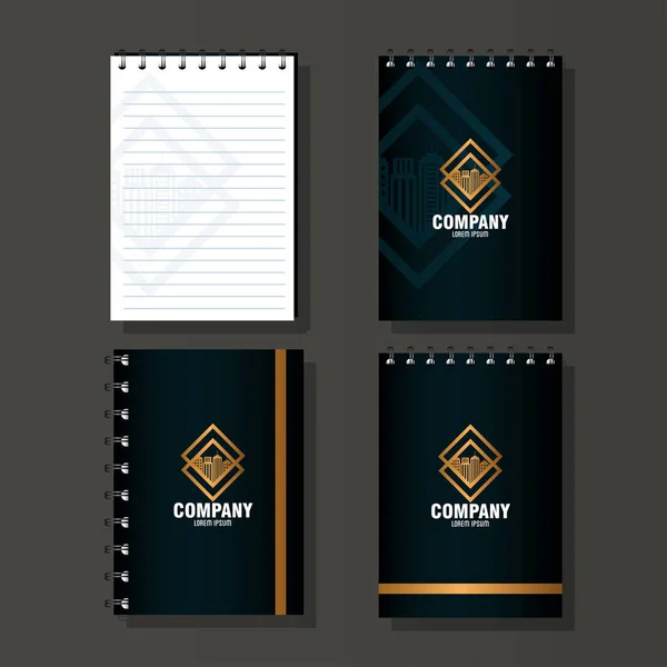 Identidade corporativa marca mockup, notebooks preto, mockup com sinal de ouro — Vetor de Stock