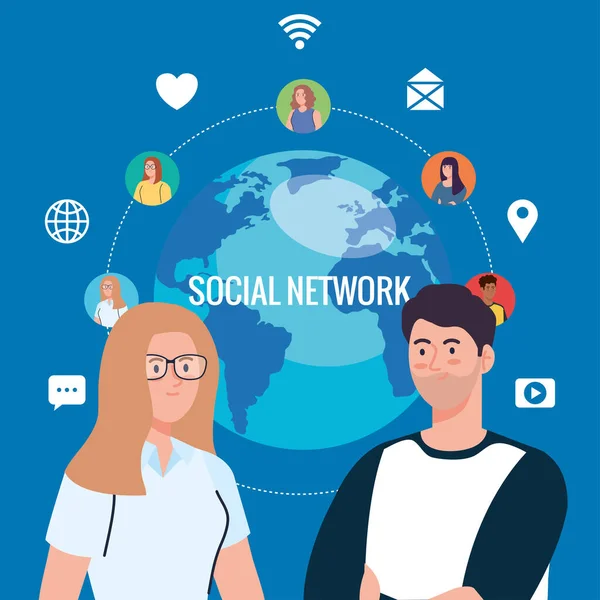 Redes sociales, personas conectadas por concepto digital, interactivo, comunicativo y global — Vector de stock