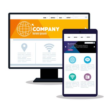 masaüstü bilgisayarı ve akıllı telefonunda mokup karşılık veren web, konsept web sitesi geliştirme