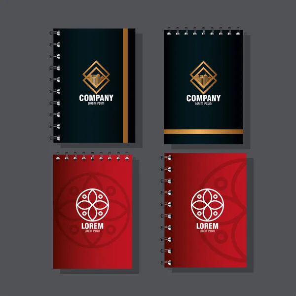Maqueta de la marca de identidad corporativa, cuadernos de maqueta roja y negra con signo blanco — Vector de stock