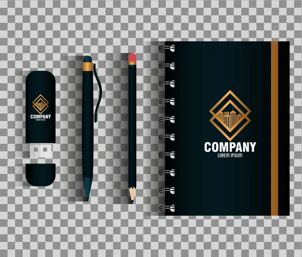 Corporate identity brand mockup, set business stationery, black mockup with golden sign — Stock Vector