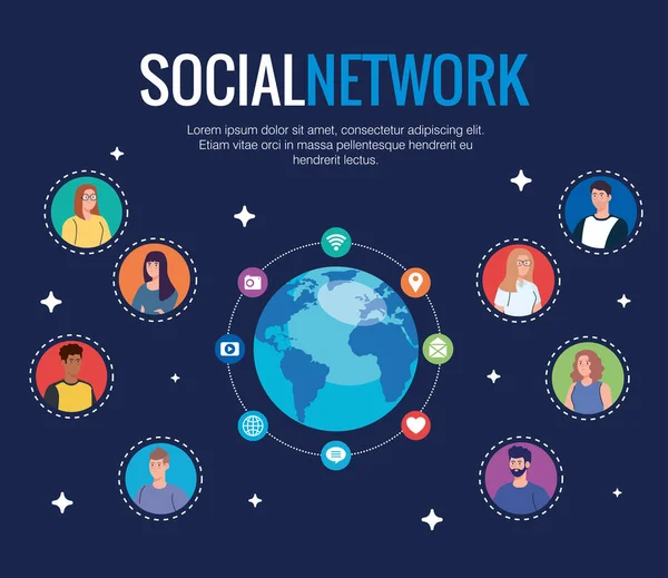 Affiche de réseau social, personnes connectées pour numérique, interactive, communiquer et concept global — Image vectorielle