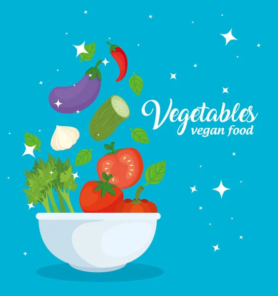 Pancarta con verduras, concepto de comida vegana en un tazón — Vector de stock