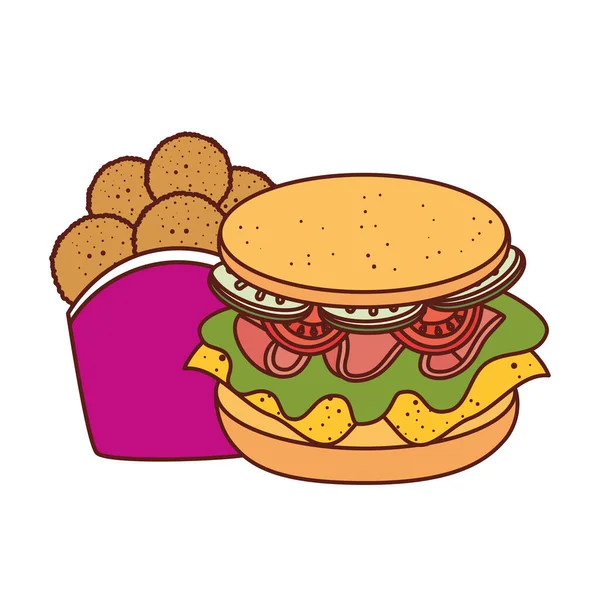 Pollo frito de comida rápida con sándwich sobre fondo blanco — Vector de stock