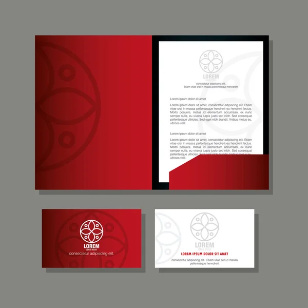 Corporate identity brand mockup, brochure en visitekaartjes van rode mockup met wit bord — Stockvector