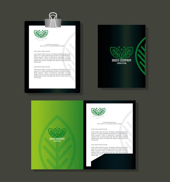 Corporate Identity Markenmockup, Set Geschäftsschreibwaren grüne Mockup, grünes Firmenschild — Stockvektor