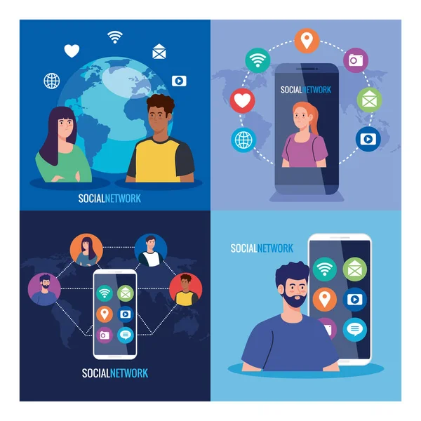 Mengatur poster jaringan sosial, orang-orang yang terhubung secara digital, interaktif, komunikasi dan konsep global - Stok Vektor