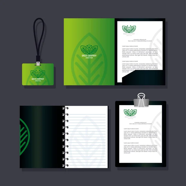 Corporate Identity Markenmockup, Set Geschäftsschreibwaren grüne Mockup, grünes Firmenschild — Stockvektor