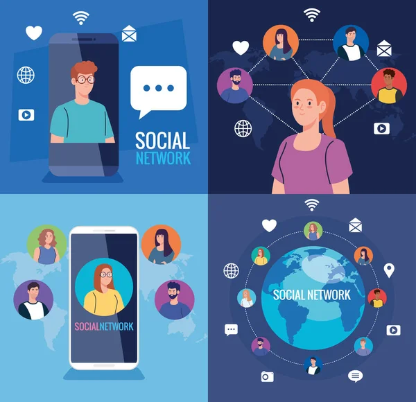 Definir cartazes de redes sociais, pessoas conectadas digitalmente, interativas, comunicação e conceito global —  Vetores de Stock