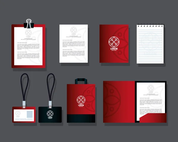 Corporate Identity Markenattrappe, Schreibwarenset auf grauem Hintergrund, rot-schwarze Mockup mit weißem Schild — Stockvektor