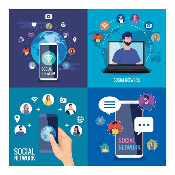 Poser des affiches de réseaux sociaux, de personnes connectées numériquement, interactives, de communication et de concept global — Image vectorielle