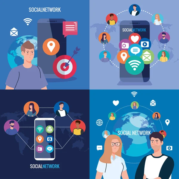 Poser des affiches de réseaux sociaux, de personnes connectées numériquement, interactives, de communication et de concept global — Image vectorielle