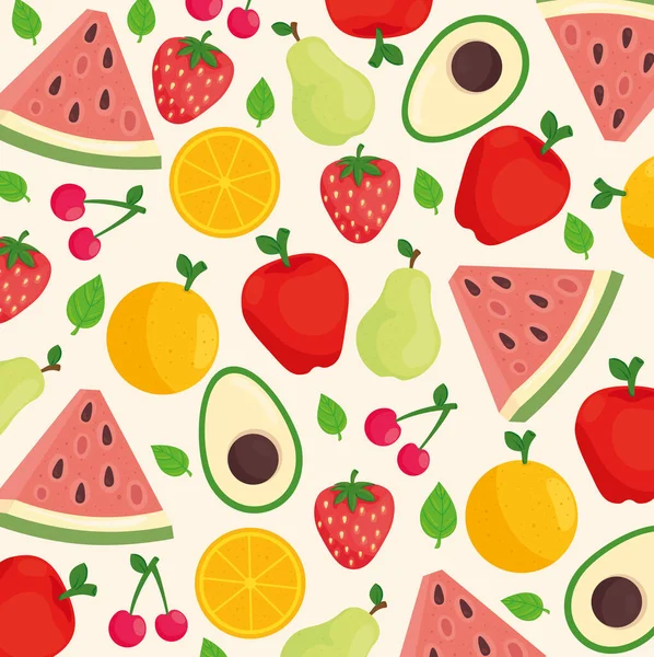 Background of mixed fruits and avocado — Stock Vector