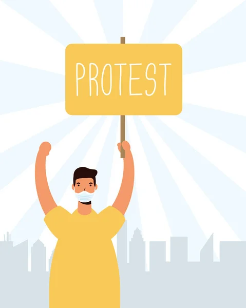 Homem vestindo máscara médica protestando com cartaz — Vetor de Stock