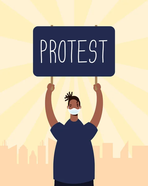 Afro muž v lékařské masce protestující s plakátem — Stockový vektor
