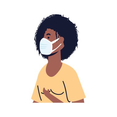 Tıbbi maske takan Afro genç bir kadın.