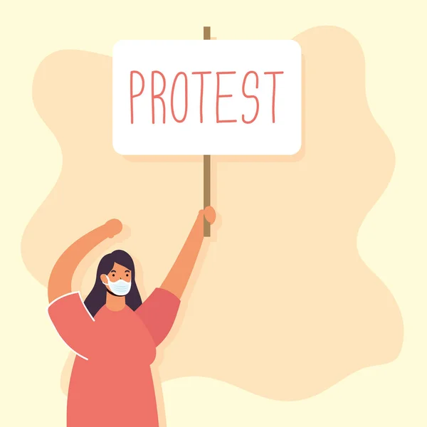 Γυναίκα που φοράει ιατρική μάσκα διαμαρτυρόμενη με πλακάτ — Διανυσματικό Αρχείο