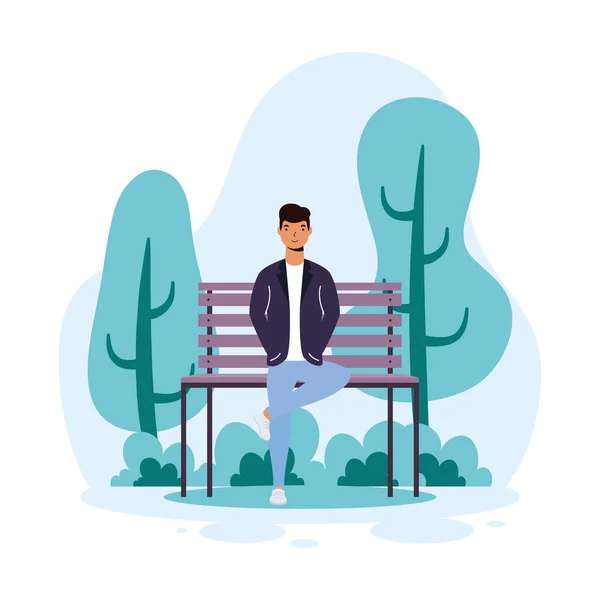 Young man casual seated in the park chair avatar character — Stock Vector