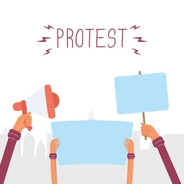 Manos sosteniendo pancarta de protesta e icono de megáfonos — Vector de stock