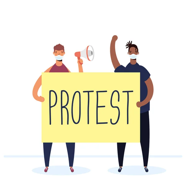Διαφυλετικοί άνδρες φορώντας ιατρικές μάσκες διαμαρτύρονται με πλακάτ και μεγάφωνο — Διανυσματικό Αρχείο