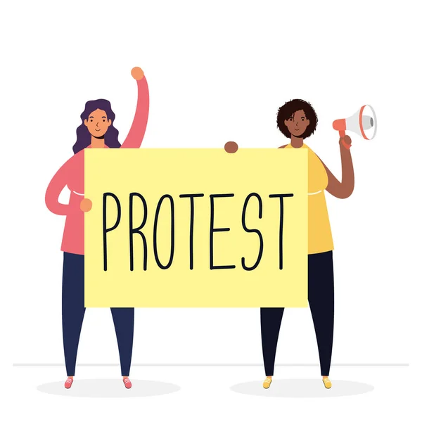 Různé ženy protestující megafonem a plakátovými znaky — Stockový vektor