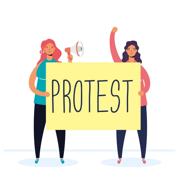 Mujeres protestando con personajes de megáfono y pancarta — Vector de stock