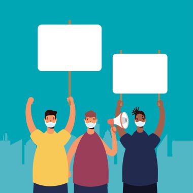 Tıbbi maskeler takan ırklar arası adamlar, pankart ve megafonla protesto ediyorlar.