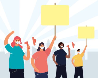 Tıbbi maske takan insanlar, pankart ve megafonla protesto ediyorlar.