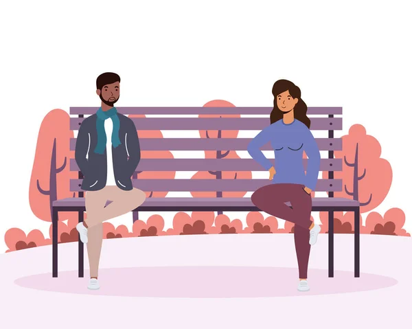 公園の椅子にいる異人種間のカップルの恋人アバターキャラクター — ストックベクタ