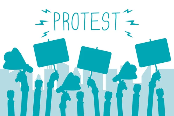 Manos sosteniendo pancarta de protesta e icono de megáfonos — Vector de stock