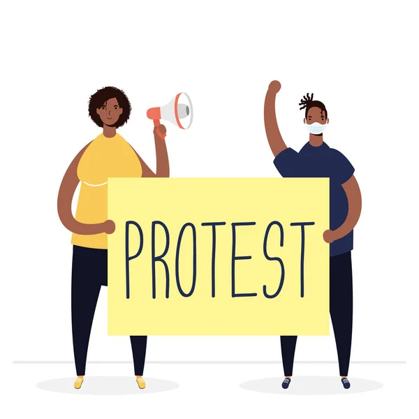 Interracial couple wearing medical masks protesting with placard and megaphone — Stock Vector