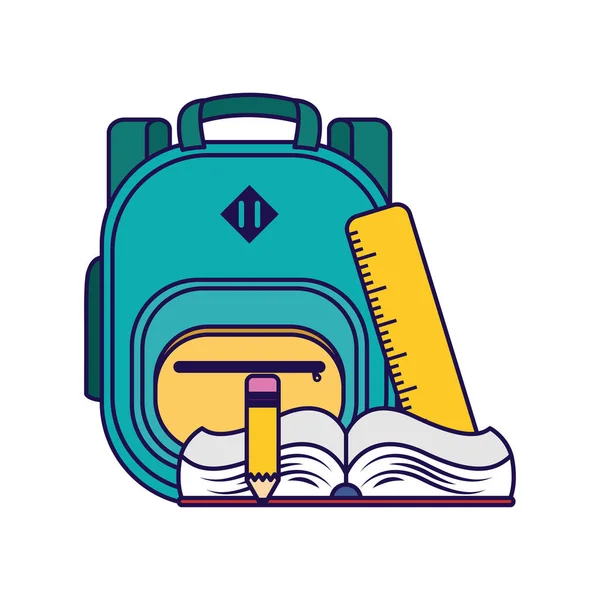 Schooltas uitrusting met boek en regel — Stockvector