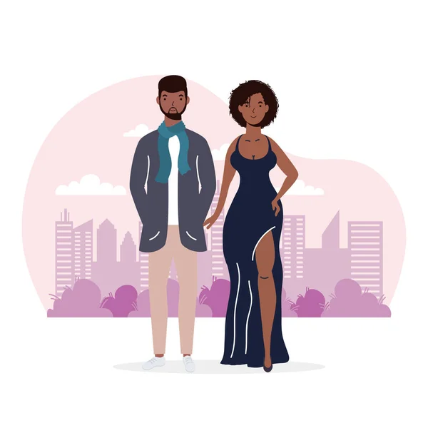 Персонажи afro young couple lovers avatars — стоковый вектор