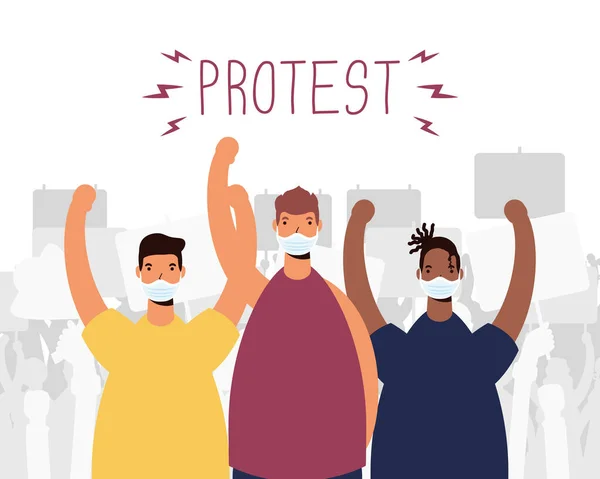 Interracial men wearing medical masks protesting — Stock Vector