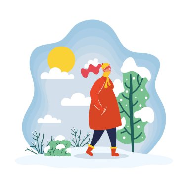 Kış mevsiminde tıbbi maske takan genç bir kadın.